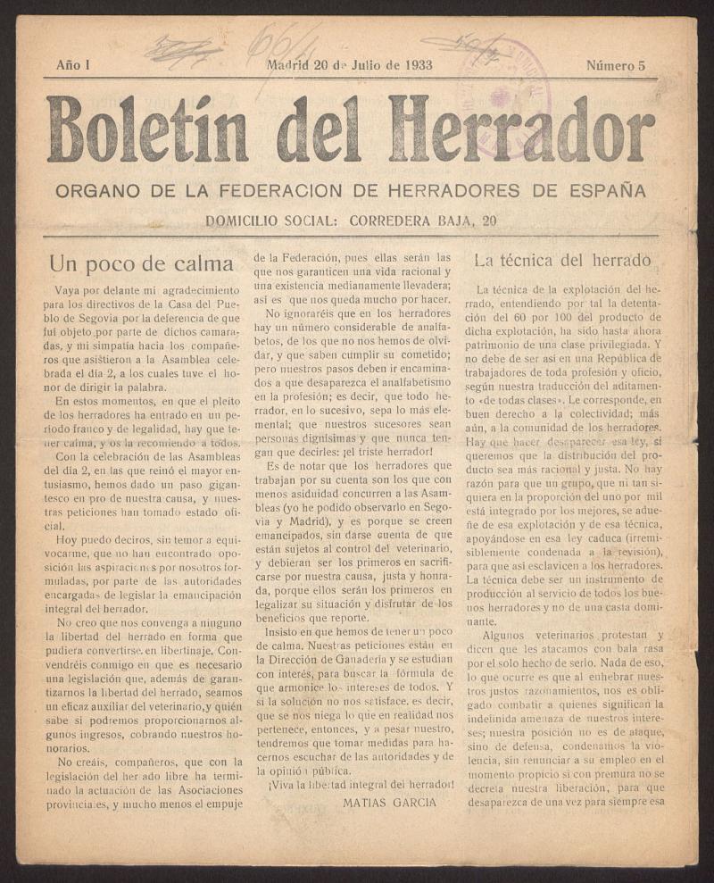 Boletn del Herrador : rgano de la Federacin de Herradores de Espaa del 20 de julio de 1933, n 5