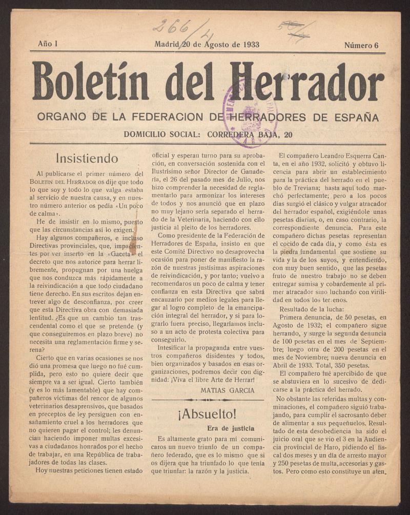 Boletn del Herrador : rgano de la Federacin de Herradores de Espaa del 20 de agosto de 1933, n 6