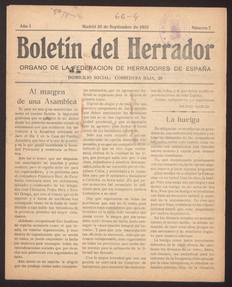Boletn del Herrador : rgano de la Federacin de Herradores de Espaa del 20 de septiembre de 1933, n 7