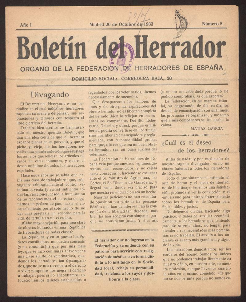 Boletn del Herrador : rgano de la Federacin de Herradores de Espaa del 20 de octubre de 1933, n 8