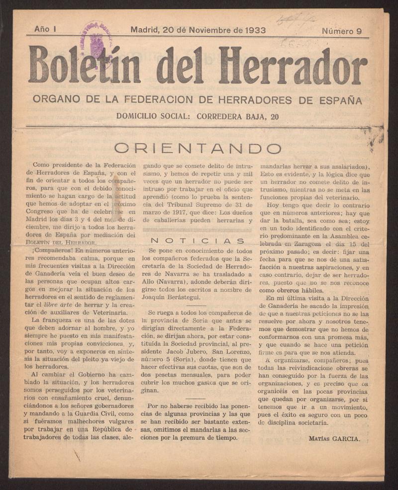 Boletn del Herrador : rgano de la Federacin de Herradores de Espaa del 20 de noviembre de 1933, n 9