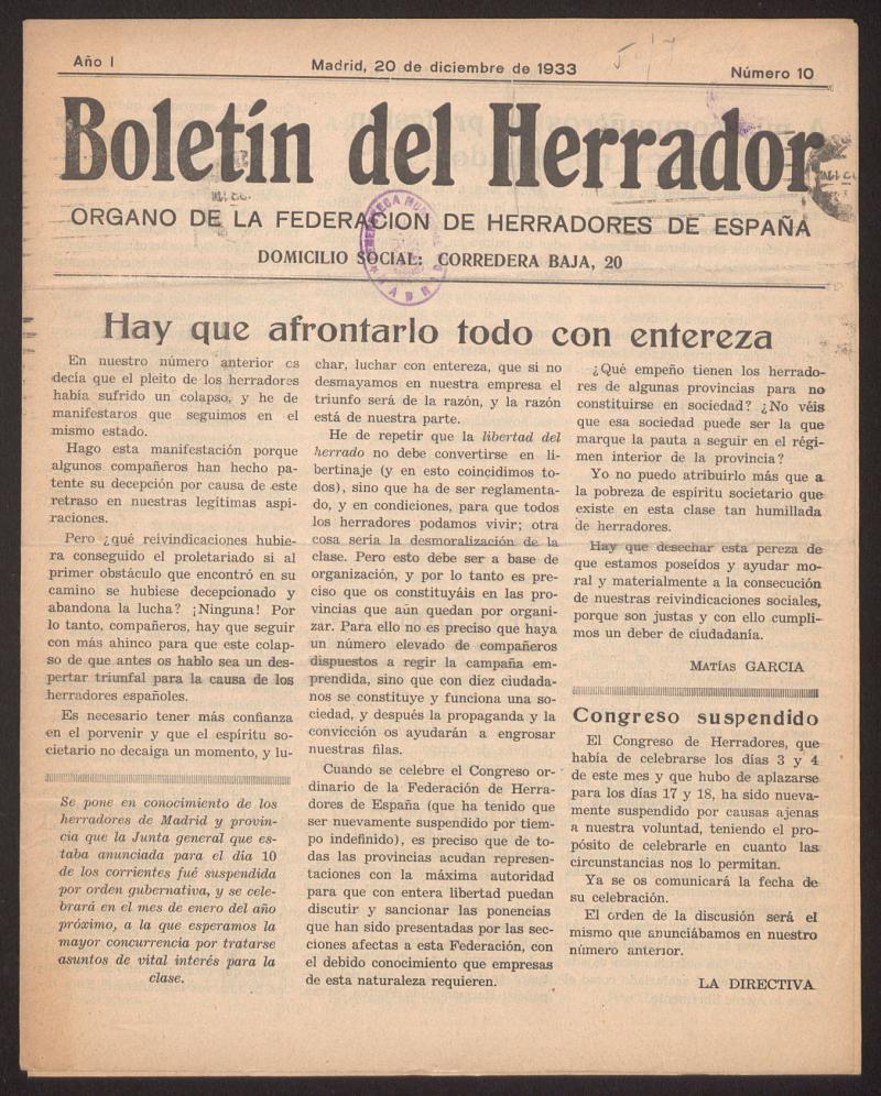 Boletn del Herrador : rgano de la Federacin de Herradores de Espaa del 20 de diciembre de 1933, n 10