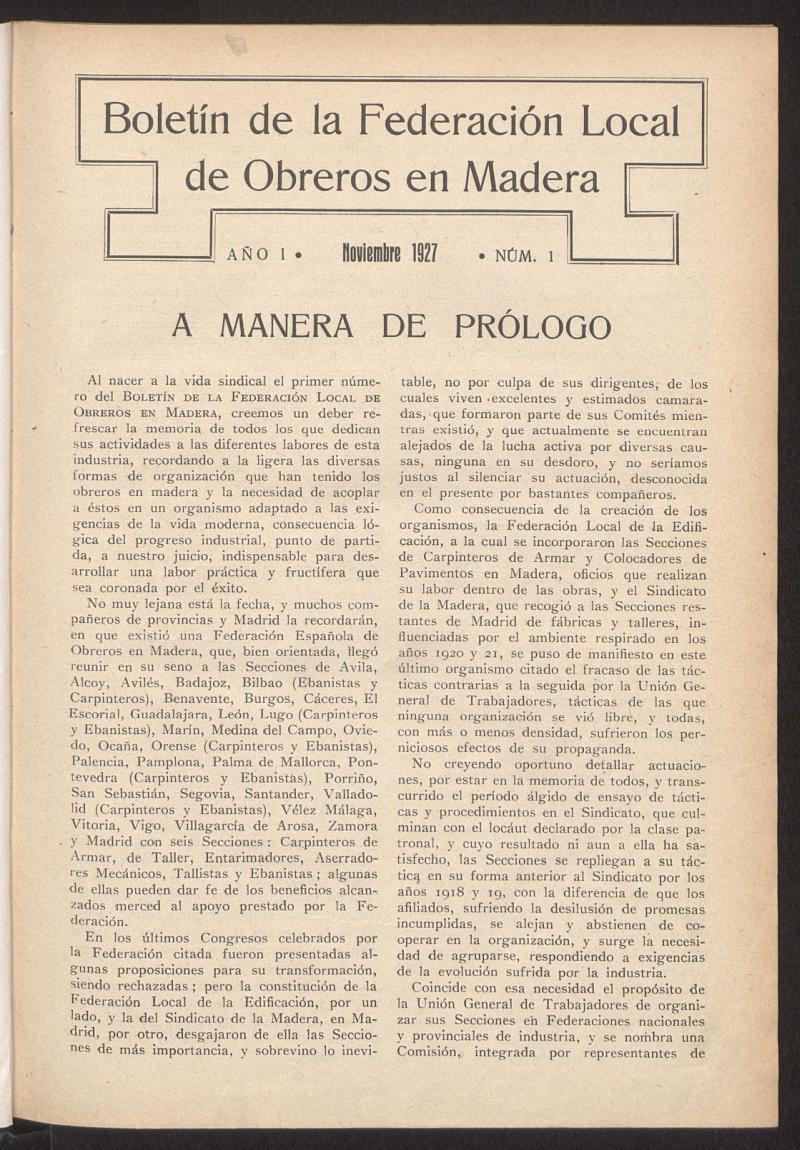 Boletn de la Federacin Local de Obreros en Madera, noviembre de 1927, n 1