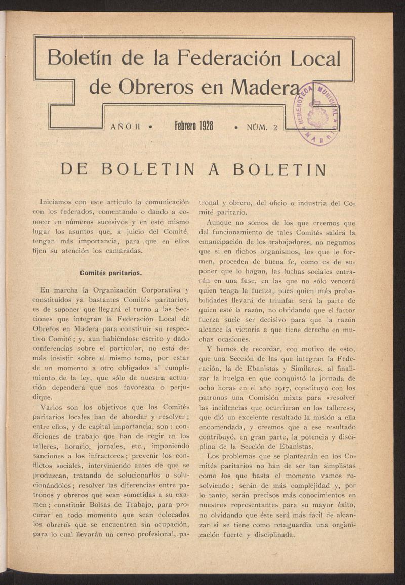 Boletn de la Federacin Local de Obreros en Madera, febrero de 1928, n 2