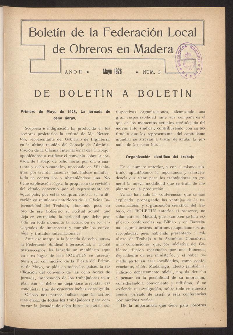 Boletn de la Federacin Local de Obreros en Madera, mayo de 1928, n 3