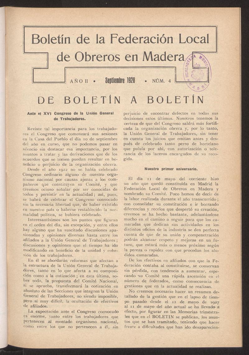 Boletn de la Federacin Local de Obreros en Madera, septiembre de 1928, n 4