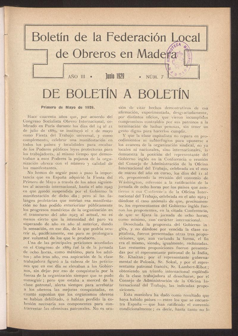 Boletn de la Federacin Local de Obreros en Madera, junio de 1929, n 7
