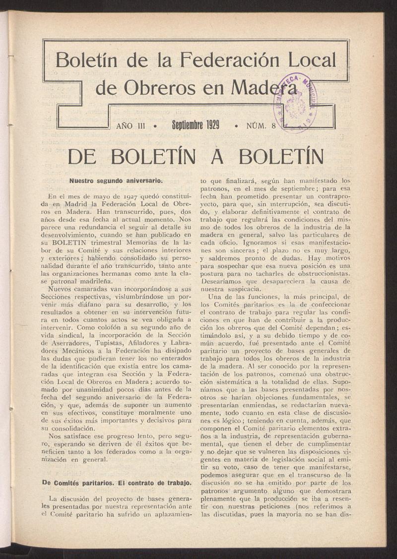 Boletn de la Federacin Local de Obreros en Madera, septiembre de 1929, n 8