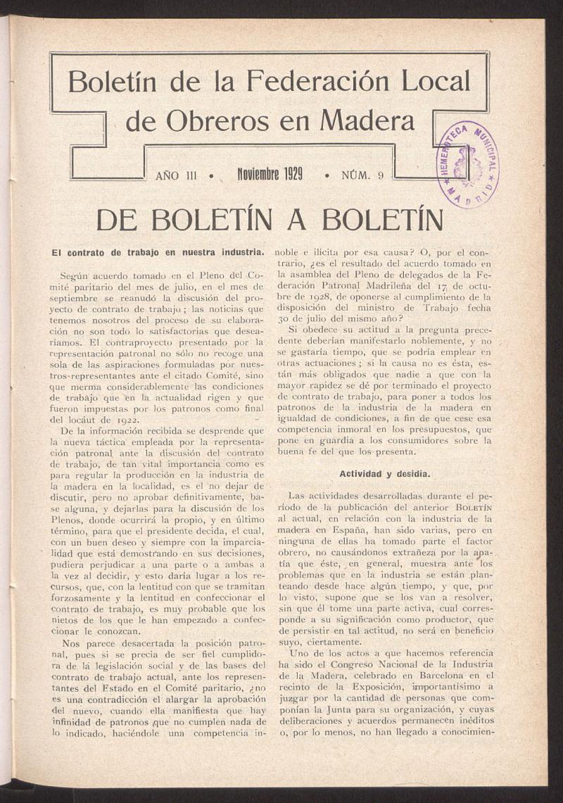 Boletn de la Federacin Local de Obreros en Madera, noviembre de 1929, n 9