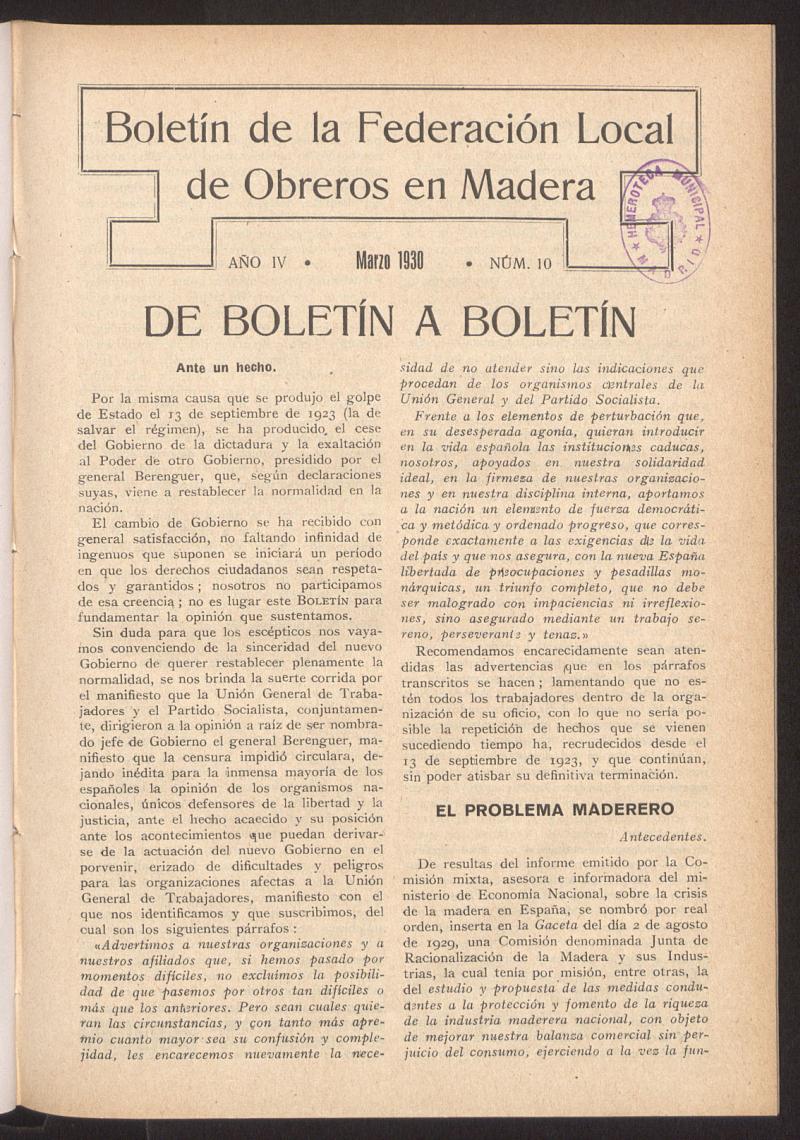 Boletn de la Federacin Local de Obreros en Madera , marzo de 1930, n 10