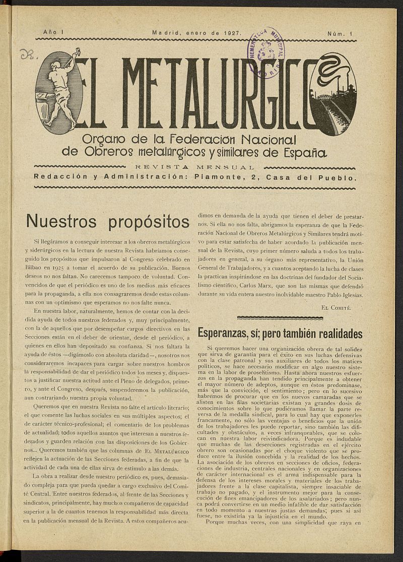 El Metalúrgico. Órgano de la Federación Nacional de Obreros Metalúrgicos y Similares de España. Enero de 1927, nº 1