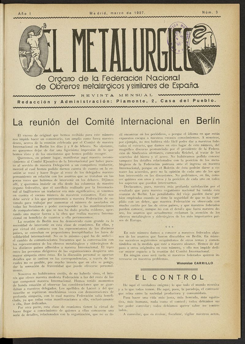El Metalúrgico. Órgano de la Federación Nacional de Obreros Metalúrgicos y Similares de España. Marzo de 1927, nº 3