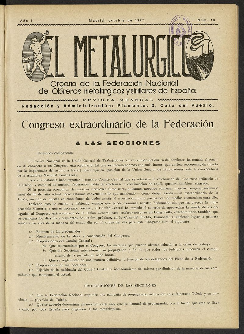 El Metalúrgico. Órgano de la Federación Nacional de Obreros Metalúrgicos y Similares de España. Octubre de 1927, nº 10