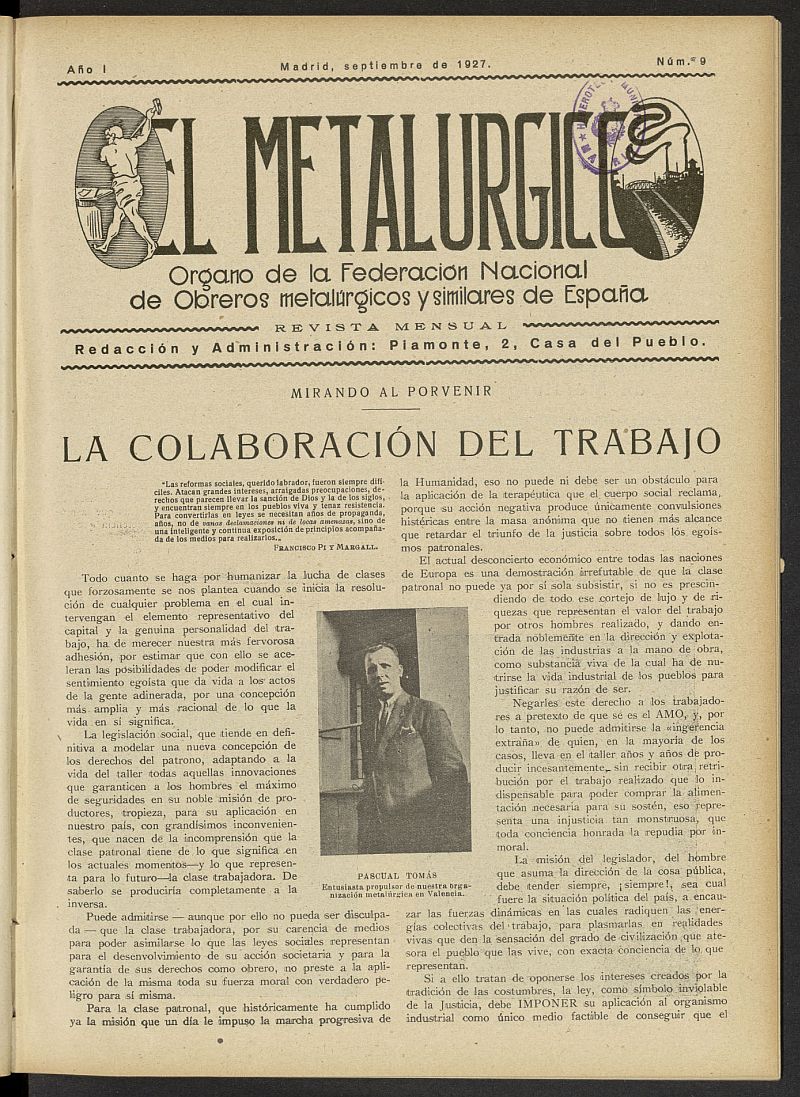 El Metalúrgico. Órgano de la Federación Nacional de Obreros Metalúrgicos y Similares de España. Septiembre de 1927, nº 9