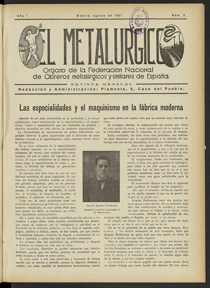 El Metalúrgico. Órgano de la Federación Nacional de Obreros Metalúrgicos y Similares de España. Agosto de 1927, nº 8