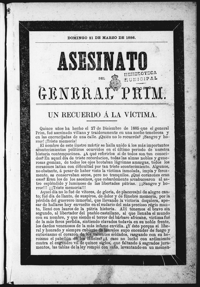 Asesinato del General Prim. Domingo 21 de marzo de 1886