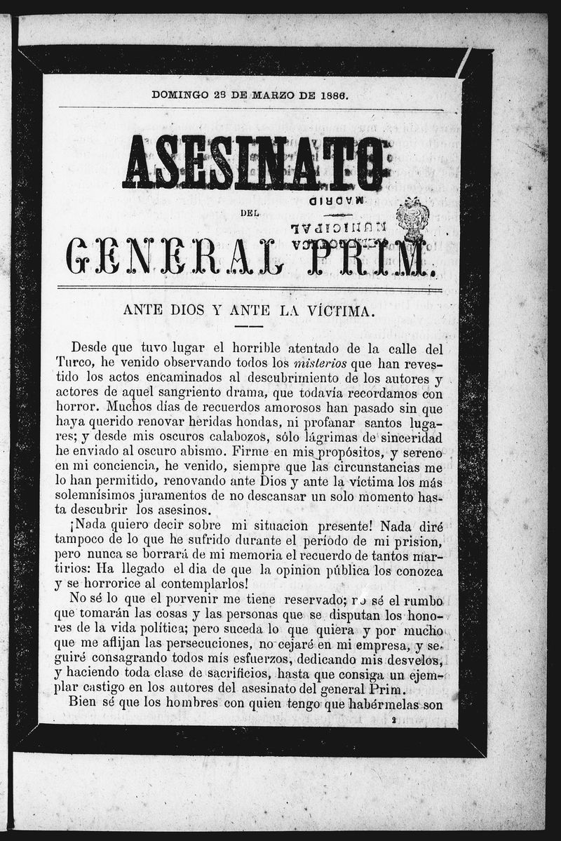 Asesinato del General Prim. Domingo 28 de marzo de 1886