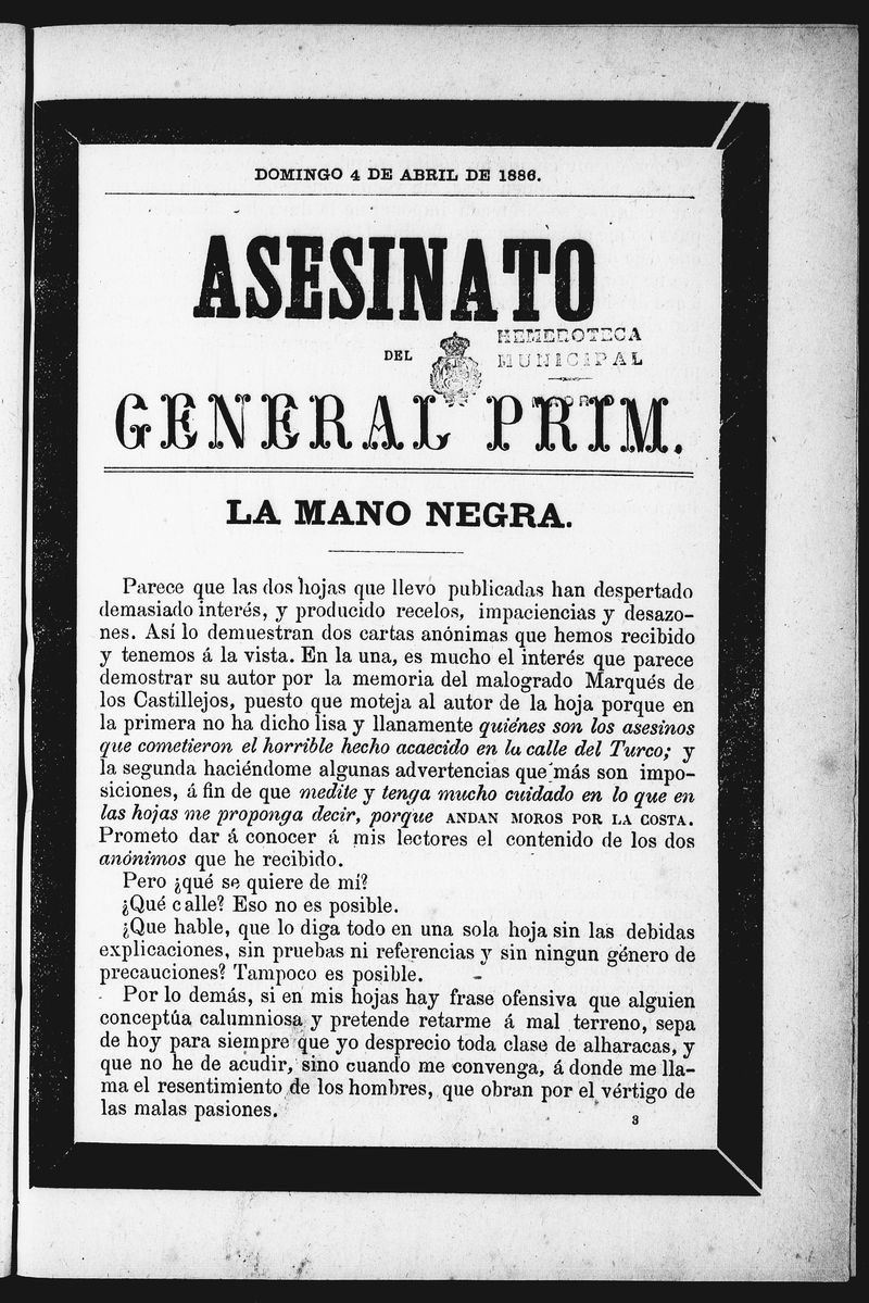 Asesinato del General Prim. Domingo 4 de abril de 1886
