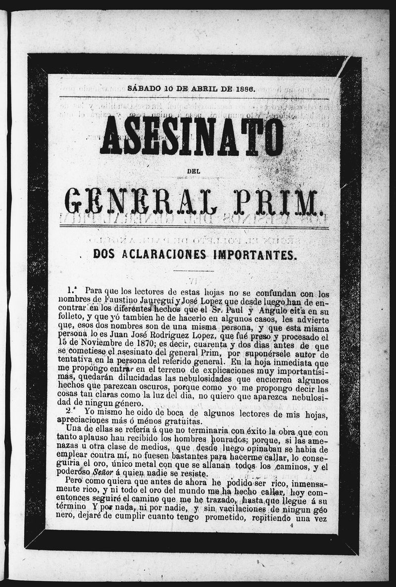 Asesinato del General Prim. Sbado 10 de abril de 1886