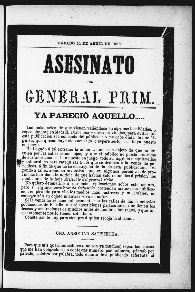 Asesinato del General Prim. Sbado 24 de abril de 1886