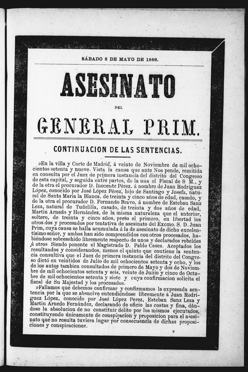 Asesinato del General Prim. Sbado 8 de mayo de 1886