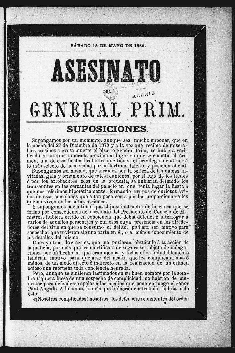 Asesinato del General Prim. Sbado 15 de mayo de 1886