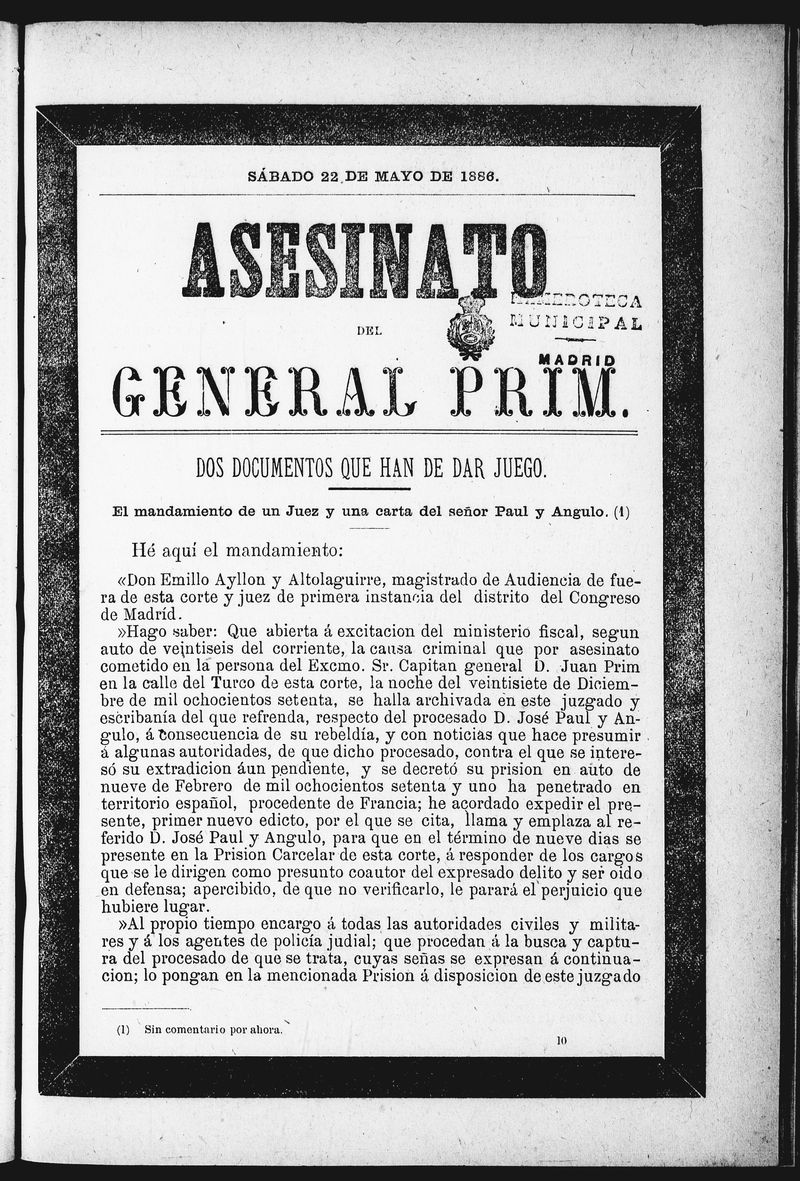 Asesinato del General Prim. Sbado 22 de mayo de 1886