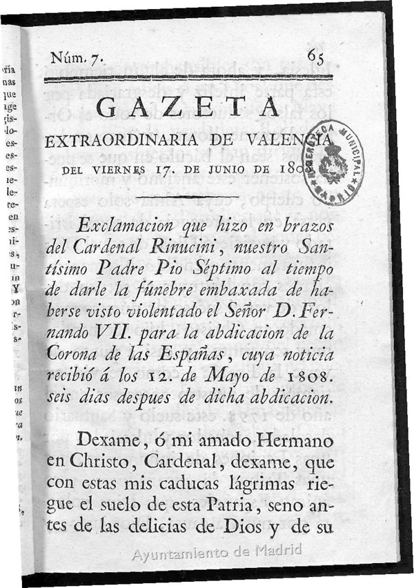 Gazeta Extraordinaria de Valencia del 17 de Junio de 1808