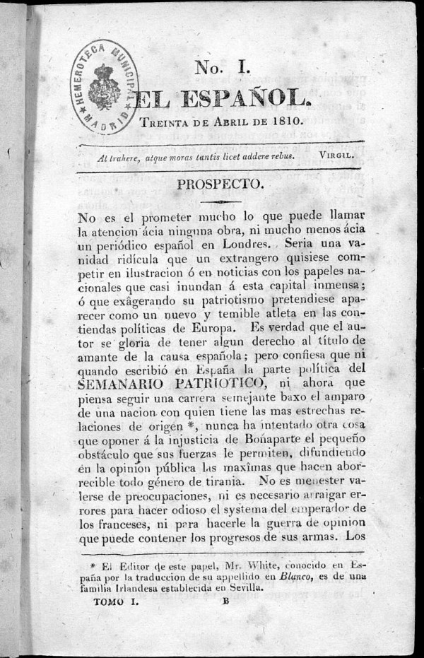 El Español. Nº I, 30 de abril de 1810.