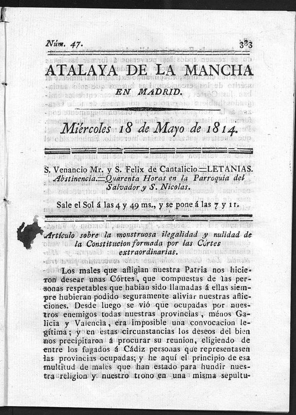 Atalaya de la Mancha en Madrid del mircoles 18 de Mayo de 1814