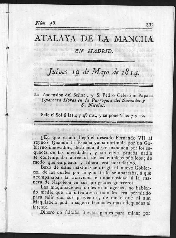 Atalaya de la Mancha en Madrid del mircoles 19 de Mayo de 1814