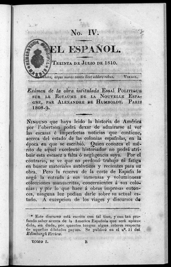 El Español. Nº IV, 30 de julio de 1810.