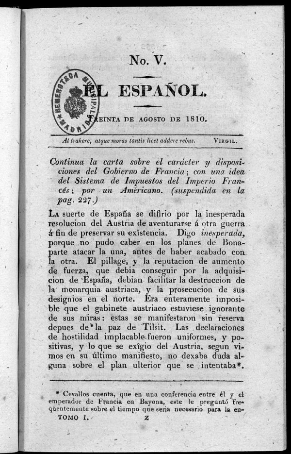 El Español. Nº V, 30 de agosto de 1810.