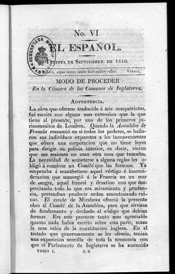 El Español. Nº VI, 30 de septiembre de 1810.