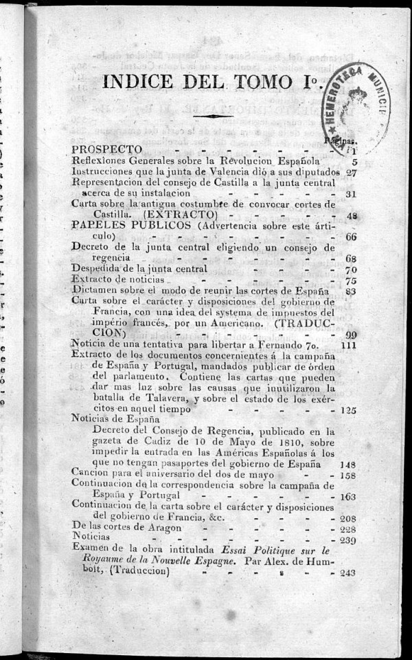 El Español. índice de abril a septiembre de 1810.