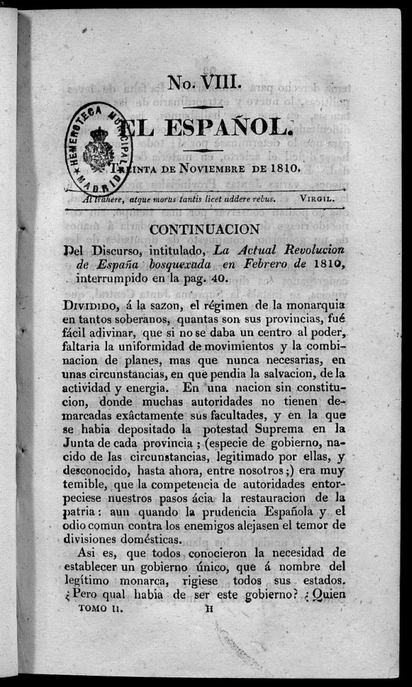 El Español. Nº VIII, 30 de noviembre de 1810.
