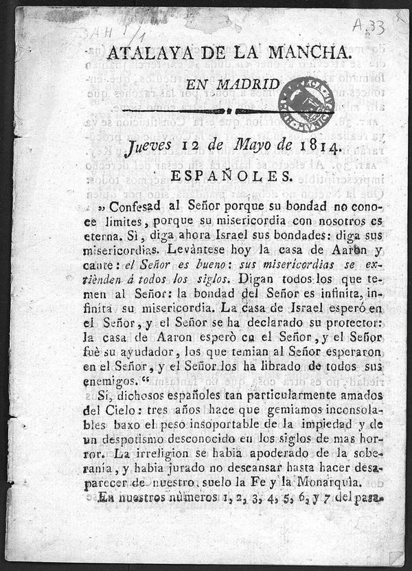 Atalaya de la Mancha en Madrid del jueves 12 de Mayo de 1814