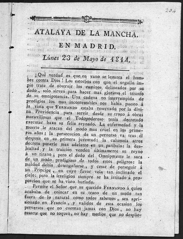 Atalaya de la Mancha en Madrid del lunes 23 de Mayo de 1814