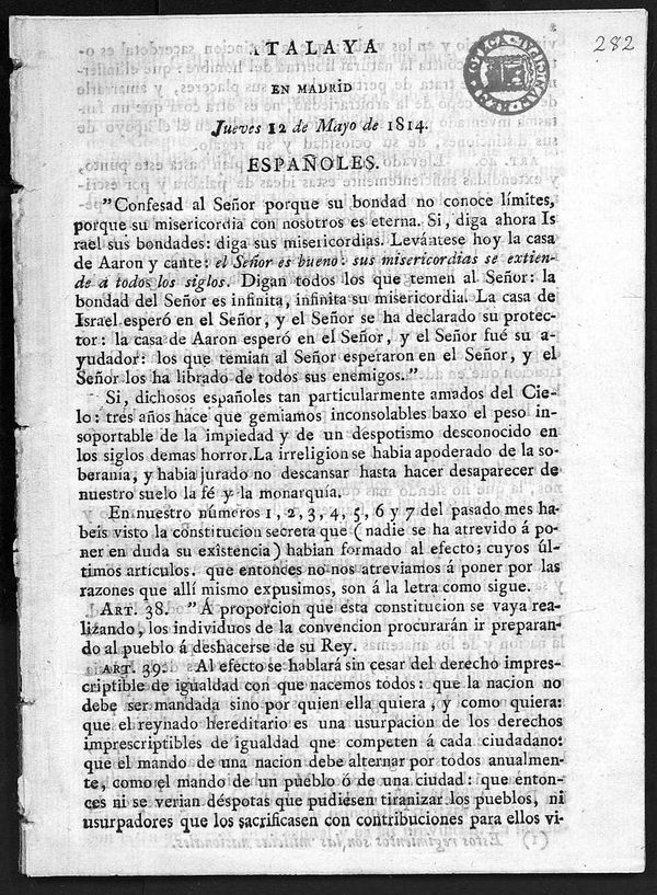 Atalaya de la Mancha en Madrid del jueves 12 de Mayo de 1814