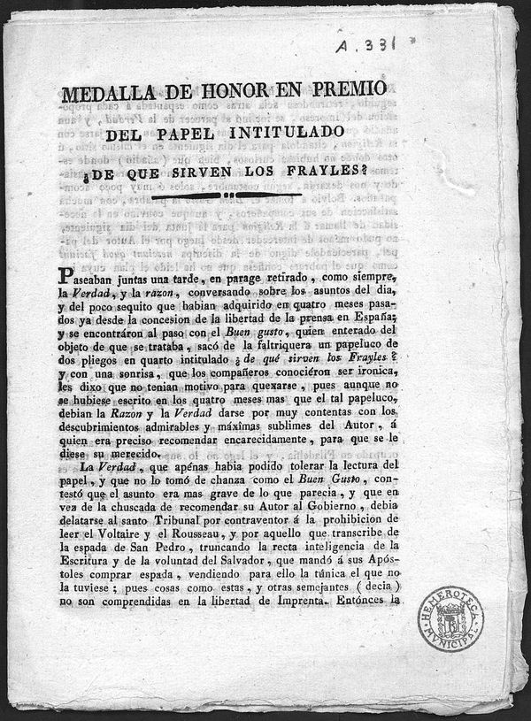 Medalla de honor en premio del papel intitulado De qu sirven los frayles?