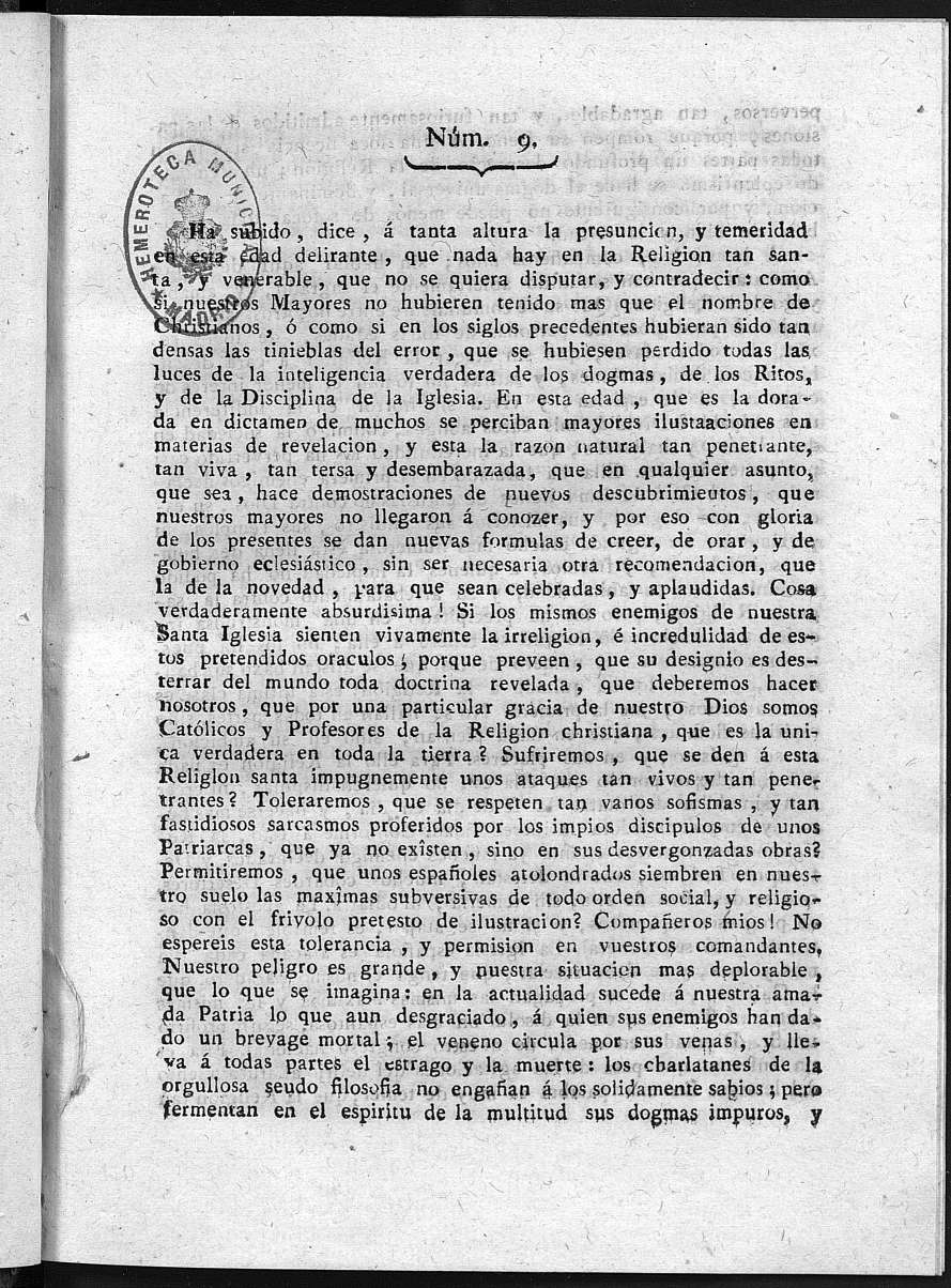 Guerrilleros por la Religin, la Patria, y el Rey, o diario-polmico-religioso de La Corua. Nmero 9