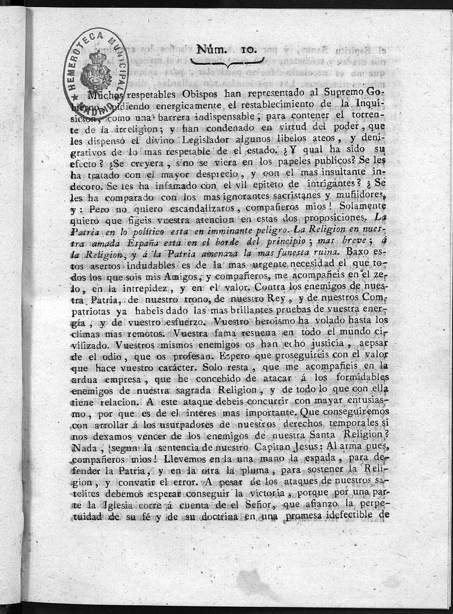 Guerrilleros por la Religin, la Patria, y el Rey, o diario-polmico-religioso de La Corua. Nmero 10