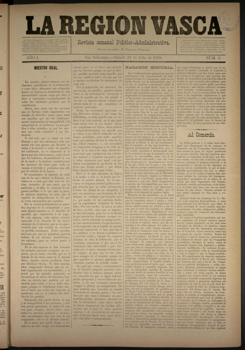 La Regin Vasca : revista semanal poltico-administrativa del 21 de julio de 1888. Nmero 2.