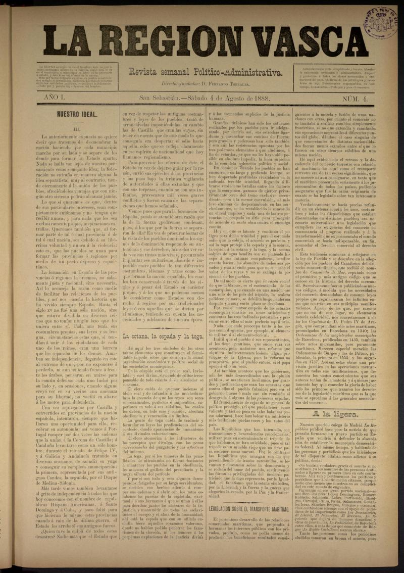 La Regin Vasca : revista semanal poltico-administrativa del 4 de agosto de 1888. Nmero 4.