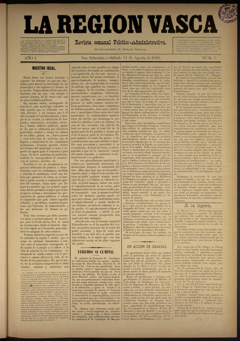 La Regin Vasca : revista semanal poltico-administrativa del 11 de agosto de 1888. Nmero 5.