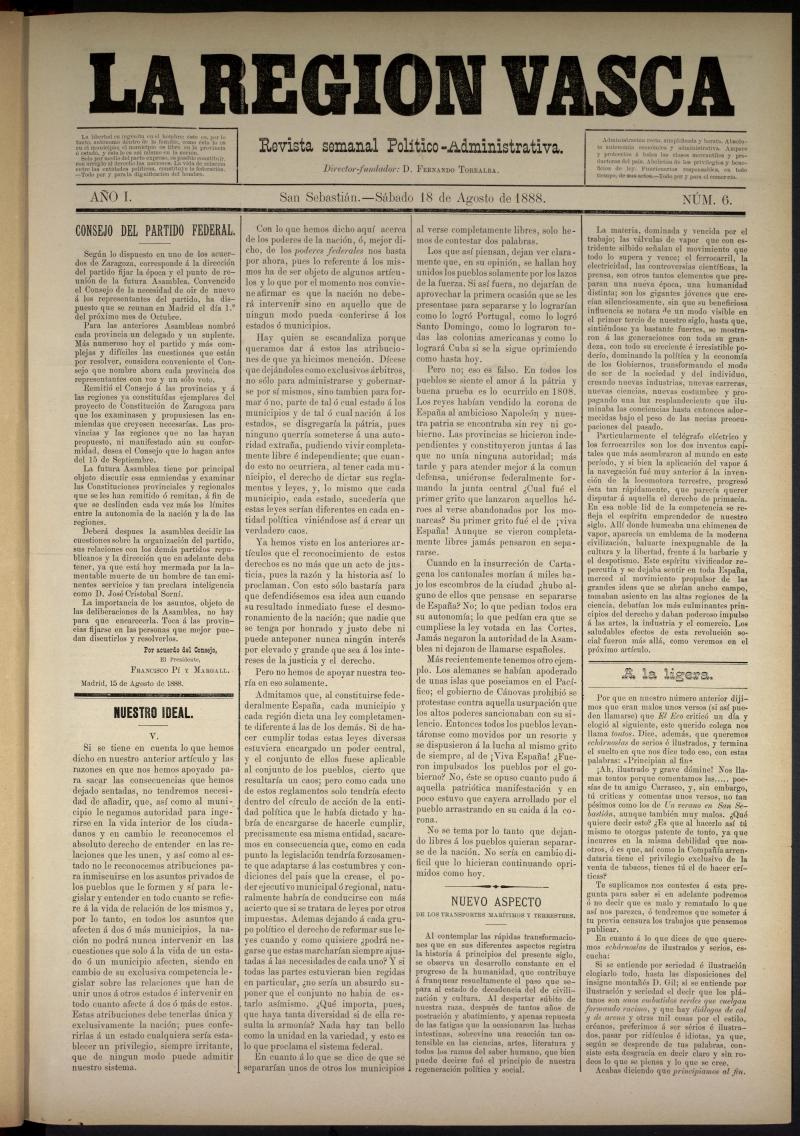 La Regin Vasca : revista semanal poltico-administrativadel 18 de agosto de 1888. Nmero 6.