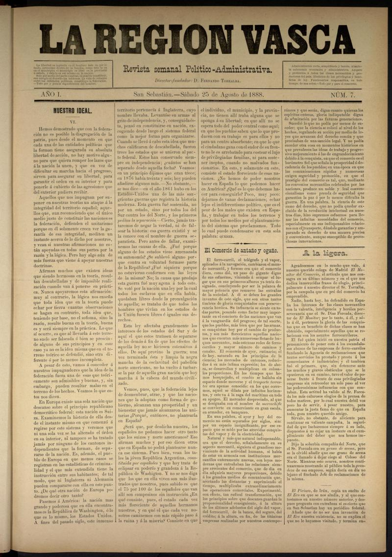 La Regin Vasca : revista semanal poltico-administrativa del 25 de agosto de 1888. Nmero 7.