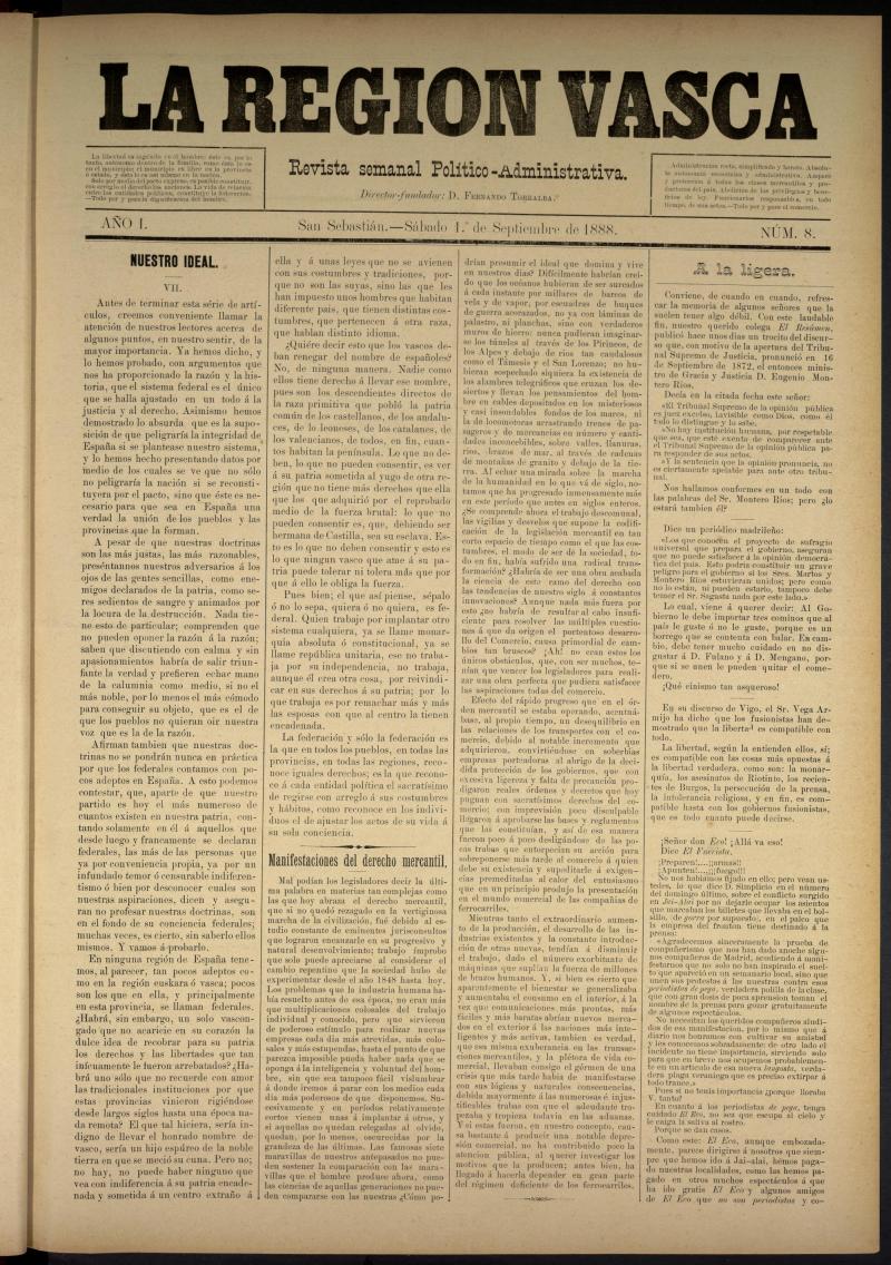 La Regin Vasca : revista semanal poltico-administrativa de 1 de septiembre de 1888. Nmero 8.