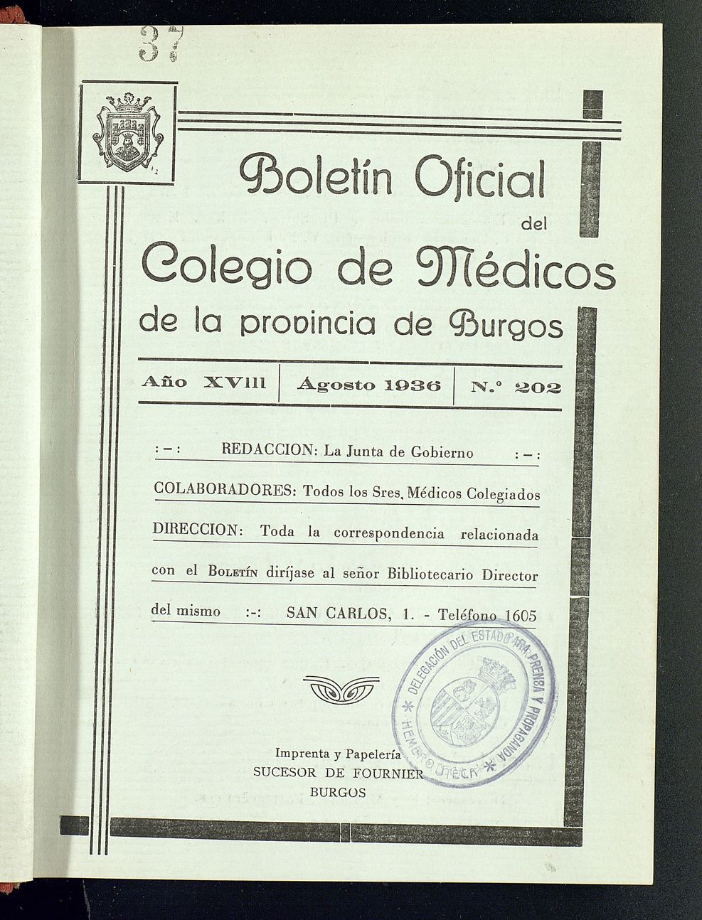 Boletín Oficial del Colegio de Médicos de la Provincia de Burgos. Agosto de 1936, nº 202