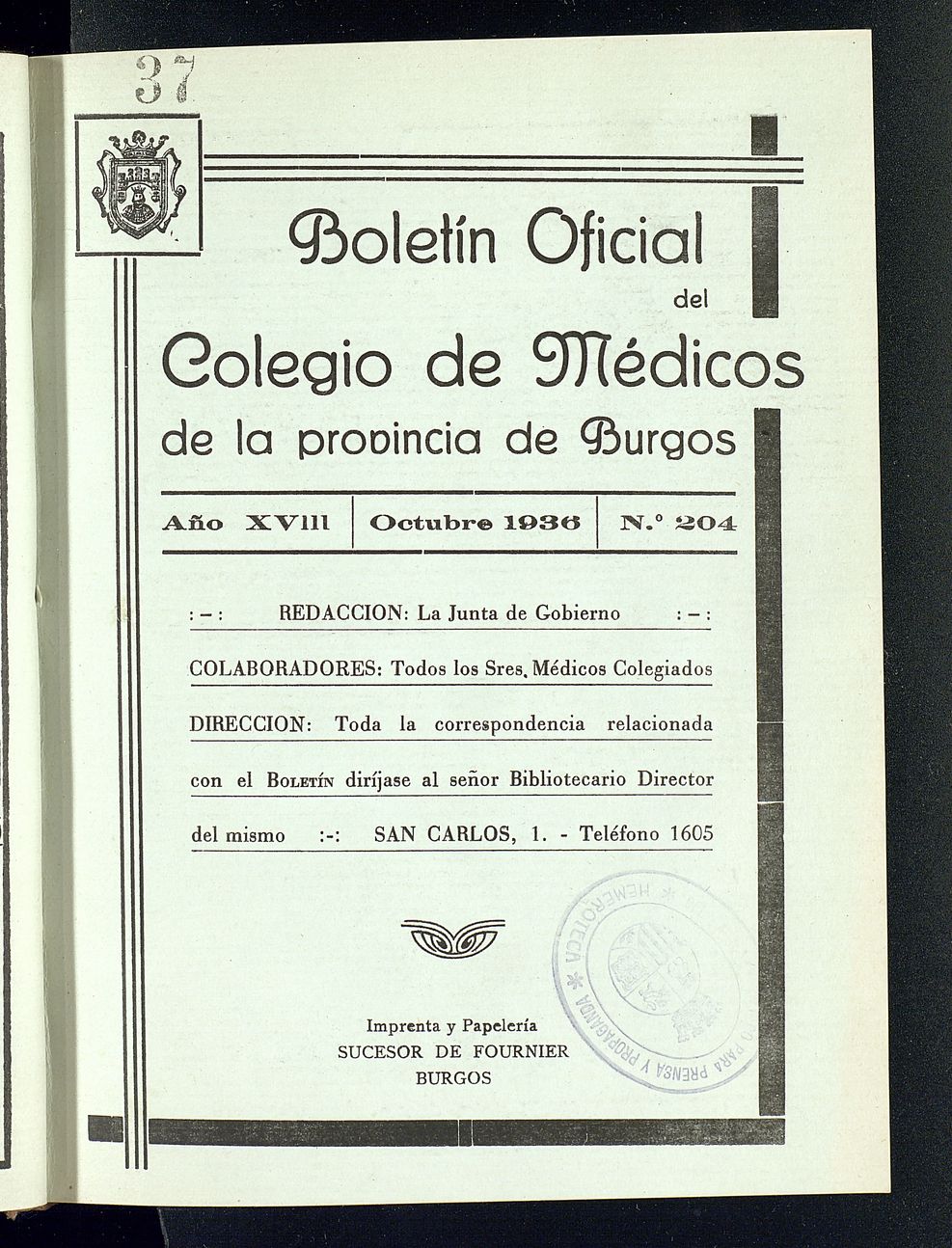 Boletín Oficial del Colegio de Médicos de la Provincia de Burgos. Octubre de 1936, nº 204